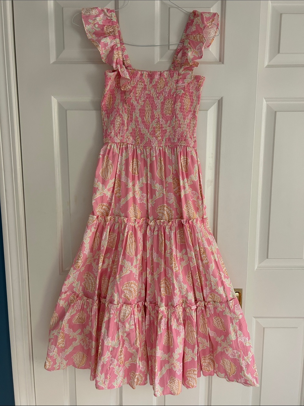 Sail to Sable Pink Shell-Print Ruffle Midi Dress